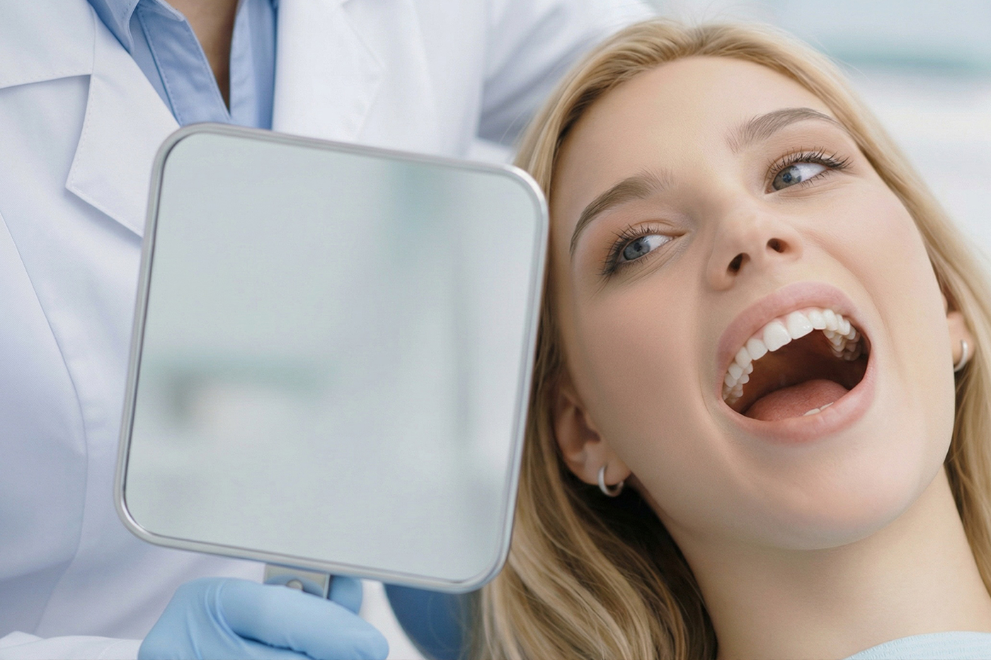 Entpannte Patientin nach einer Weisheitszahn-OP, die ihre Zähne lächelnd in einem Handspiegel betrachtet. Keine medizinischen Instrumente sichtbar.